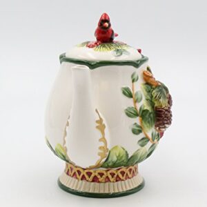 Fine Ceramic Hand Painted Cardinal and Evergreen Pine Cone Design with Red Ribbon Handle Teapot, 8-1/8" L