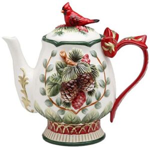 fine ceramic hand painted cardinal and evergreen pine cone design with red ribbon handle teapot, 8-1/8" l