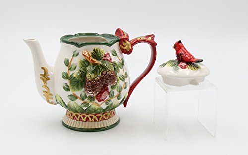 Fine Ceramic Hand Painted Cardinal and Evergreen Pine Cone Design with Red Ribbon Handle Teapot, 8-1/8" L