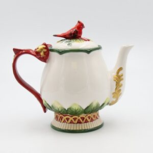 Fine Ceramic Hand Painted Cardinal and Evergreen Pine Cone Design with Red Ribbon Handle Teapot, 8-1/8" L