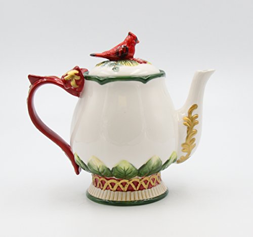 Fine Ceramic Hand Painted Cardinal and Evergreen Pine Cone Design with Red Ribbon Handle Teapot, 8-1/8" L