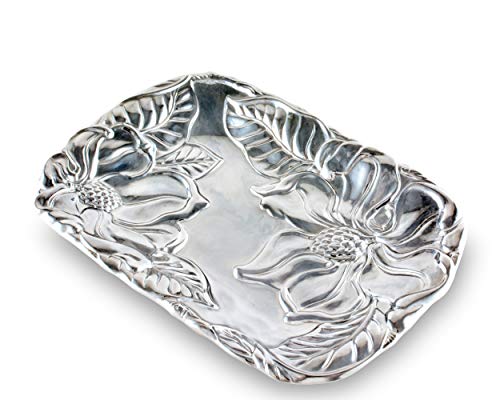 Arthur Court Designs Aluminum Southern Magnolia Flower Food Service Tray, Desktop Storage Organizer, Catchall, Valet, Nightstand or Dresser Hand Polished 9.5 inch Long