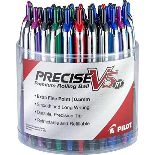 Pilot Precise V5 RT Premium Rolling Ball Pens Tub of 48 Pens Assorted Colors Retractable and Refillable, Premium Comfort Grip, Patented Precision Point Technology for Skip-Free Lines (5685A)