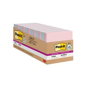 post-it super sticky recycled notes, 3x3 in, 24 pads, 2x the sticking power, wanderlust collection, pastel colors, 30% recycled paper (654-24nh-cp)