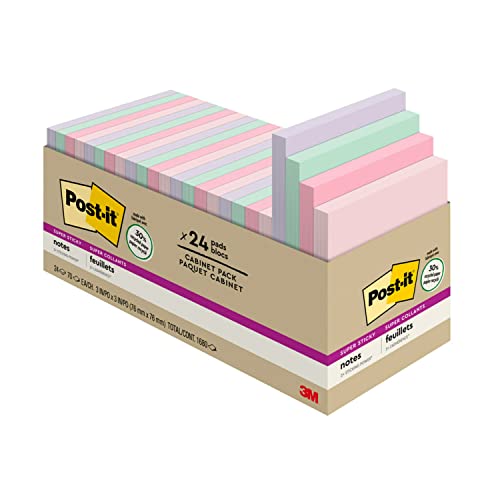 Post-it Super Sticky Recycled Notes, 3x3 in, 24 Pads, 2x the Sticking Power, Wanderlust Collection, Pastel Colors, 30% Recycled Paper (654-24NH-CP)