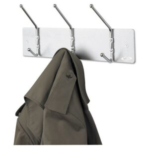 safco products - safco - wall rack, three ball-tipped double-hooks, metal, satin aluminum - sold as 1 each - ball tips prevent damage to garments. - mounting hardware included. -