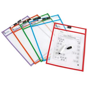 Learning Resources Write and Wipe Pockets, 5 Colorful Classroom Dry Erase Pockets, Ages 3+