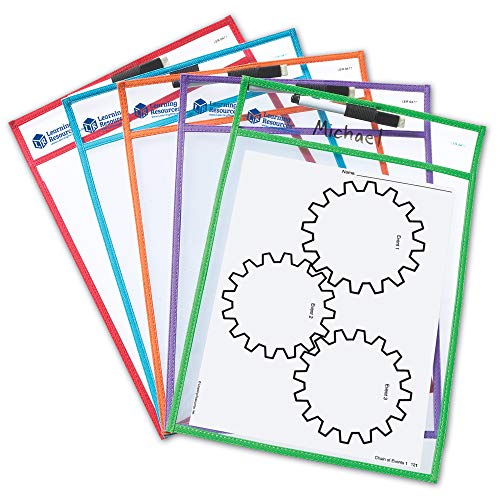 Learning Resources Write and Wipe Pockets, 5 Colorful Classroom Dry Erase Pockets, Ages 3+