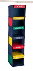 handy laundry daily activity kids closet organizer, 11" x 11" x 48", prepare & organize a week's worth of your children's clothing, shoes and after school activities, hangs directly on the closet rod