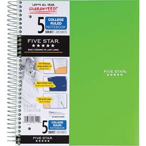 five star spiral notebook, 5 subject, college ruled paper, 200 sheets, 11" x 8-1/2", color selected for you, 1 count (06112)