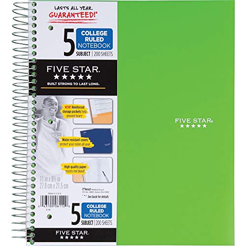 Five Star Spiral Notebook, 5 Subject, College Ruled Paper, 200 Sheets, 11" x 8-1/2", Color Selected For You, 1 Count (06112)