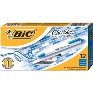 BIC® Clic Stic® Retractable Pens, Medium Point, 1.0 mm, White Barrel, Blue Ink, Pack Of 12