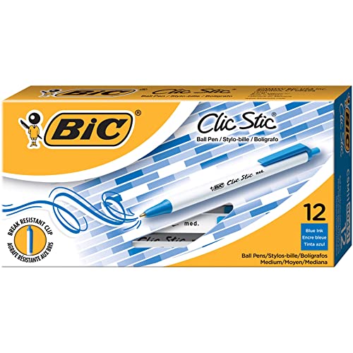 BIC® Clic Stic® Retractable Pens, Medium Point, 1.0 mm, White Barrel, Blue Ink, Pack Of 12