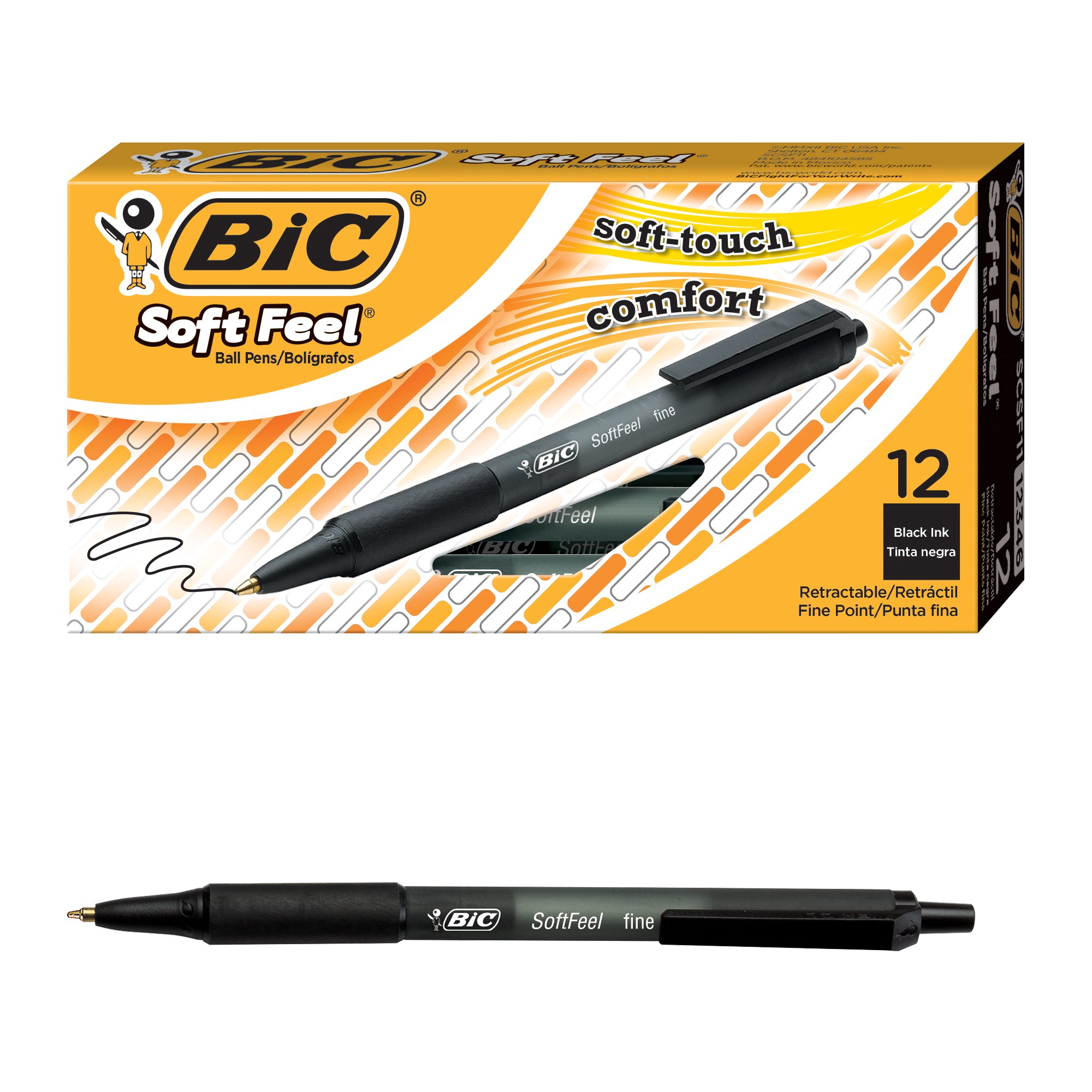 BIC Soft Feel Ballpoint Pens, Fine Point, 0.8 mm, Black Barrel, Black Ink, Box Of 12 Stick Pens (SCSF11-BLK)