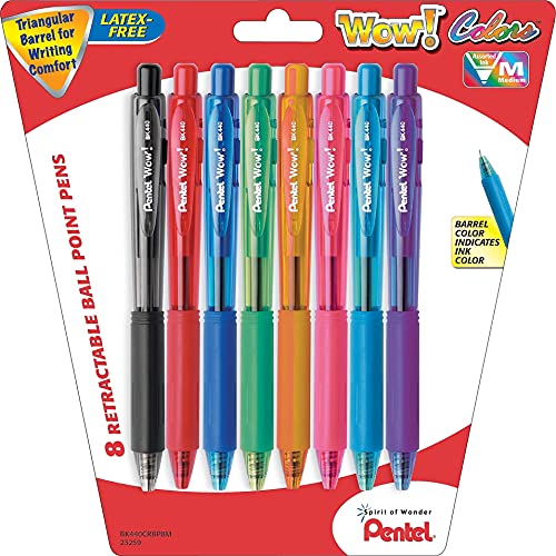 Pentel Bk440bp8m Wow! Retractable Ballpoint Pen, 1Mm, Assorted Barrel, Assorted Ink, 8/Pack