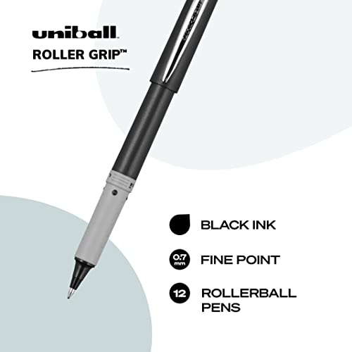 uni-ball Roller Grip Rollerball Pens Fine Point, 0.7mm, Black, 12 Pack