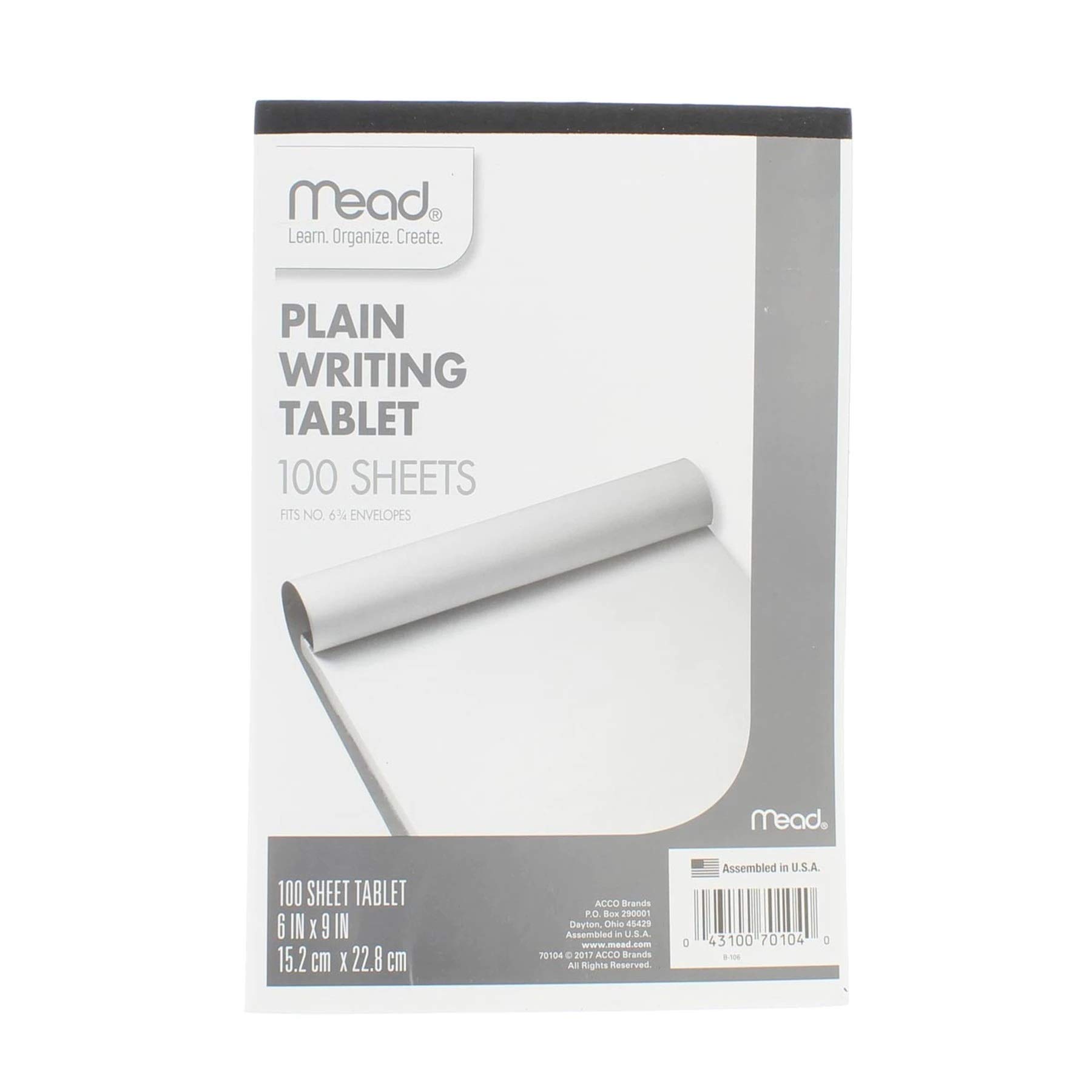 Mead Products - Writing Tablet, Top-bound, Plain, 15 lb, 6 in. x9 in, 100 Sh, White - Sold as 1 EA - Writing Tablet Contains 100 Sheets