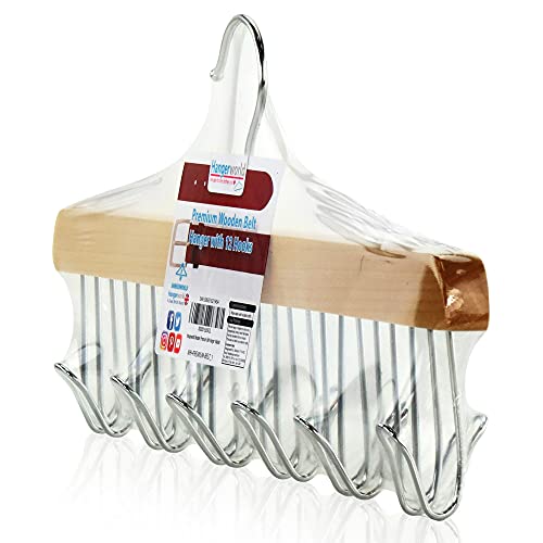 HANGERWORLD Wooden Belt Hanger for Closet with 12 Hooks - Jewelry, Tie and Belt Organizer Rack