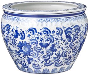 oriental furniture 16" floral blue & white porcelain fishbowl