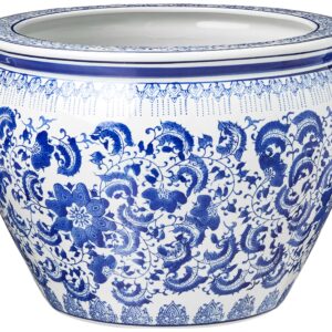 Oriental Furniture 16" Floral Blue & White Porcelain Fishbowl