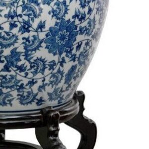 Oriental Furniture 16" Floral Blue & White Porcelain Fishbowl