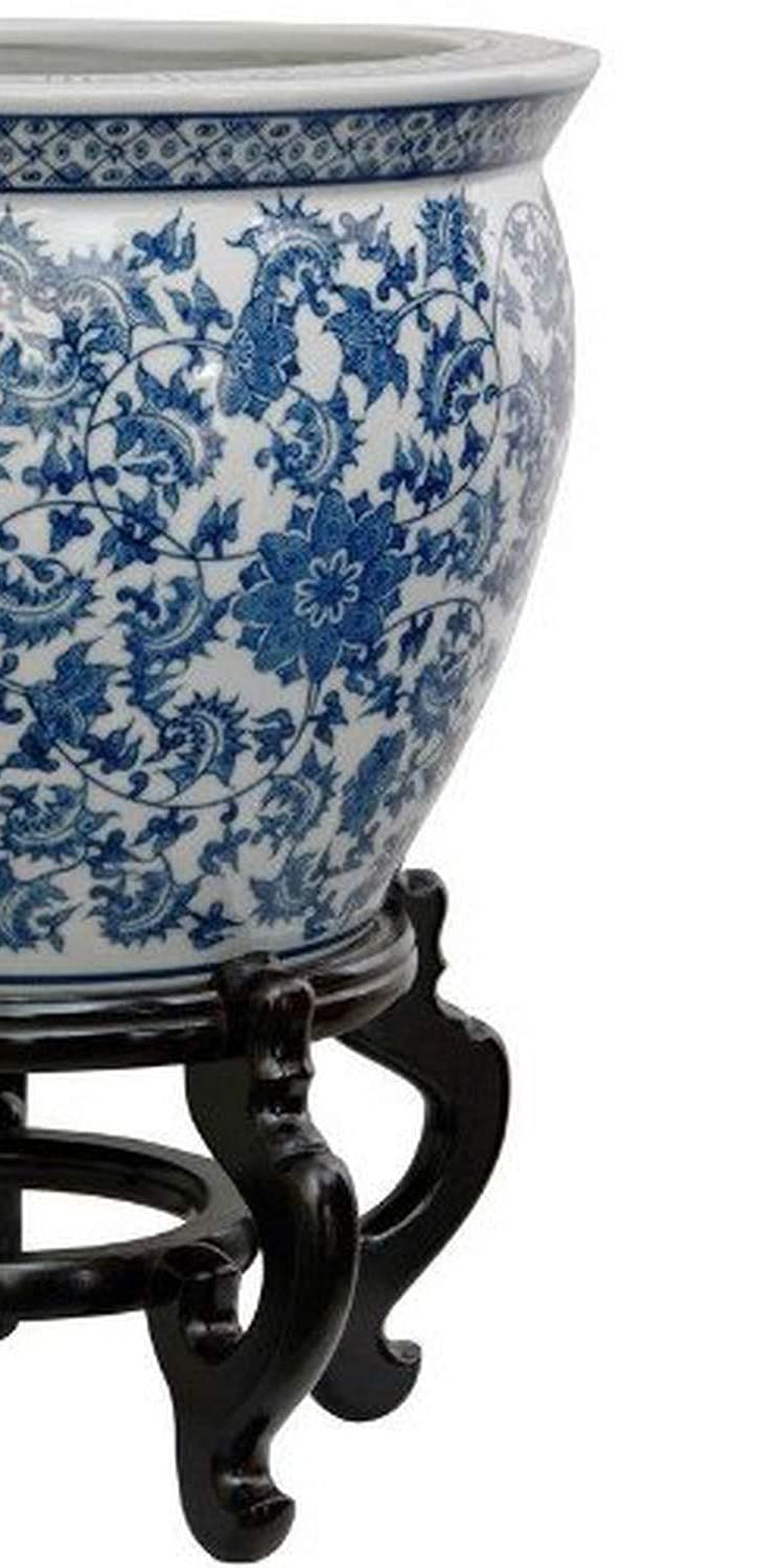 Oriental Furniture 16" Floral Blue & White Porcelain Fishbowl