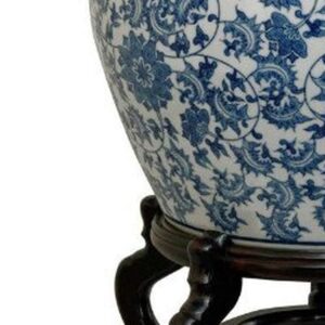 Oriental Furniture 16" Floral Blue & White Porcelain Fishbowl