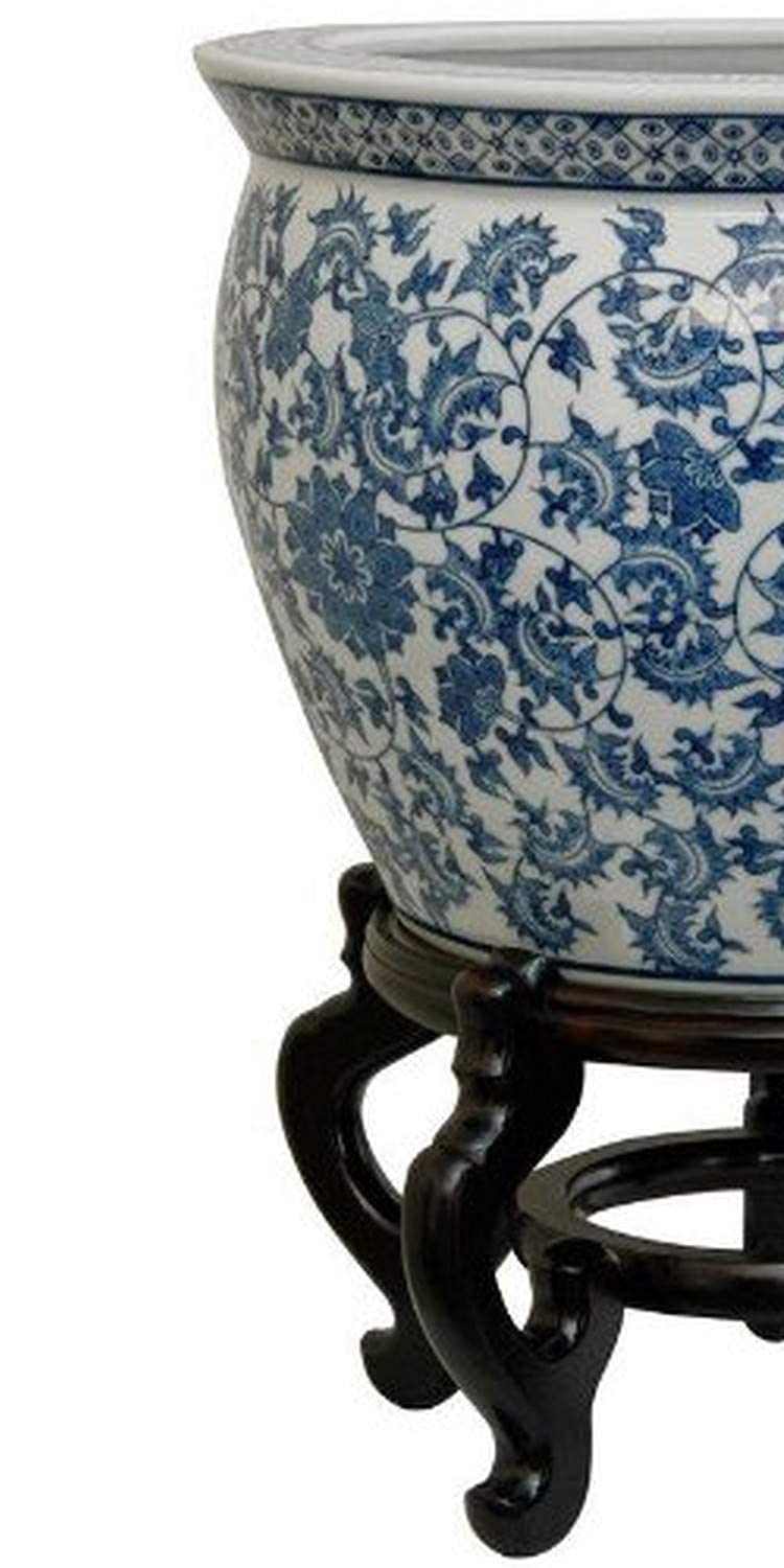 Oriental Furniture 16" Floral Blue & White Porcelain Fishbowl