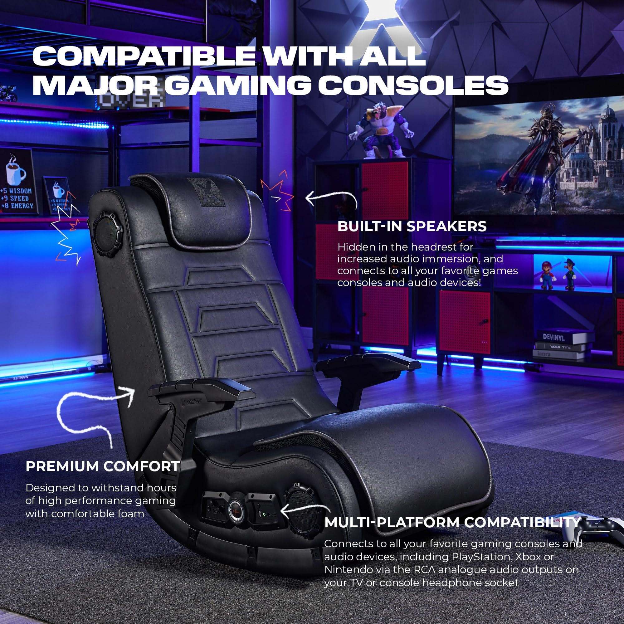 X Rocker Pro Series H3 Vibrating Floor Video Gaming Chair, with Headrest, 4.1 High Tech Audio, Wireless, Leather, Foldable, 5125901, 35" x 22" x 34.5", Black