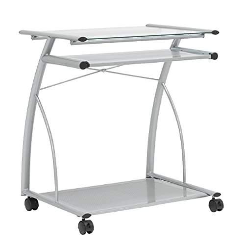 Calico Designs 50101 L-Shaped Computer Cart with Clear Glass, Silver