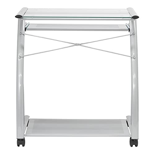 Calico Designs 50101 L-Shaped Computer Cart with Clear Glass, Silver