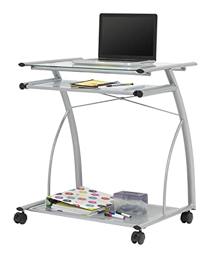 Calico Designs 50101 L-Shaped Computer Cart with Clear Glass, Silver