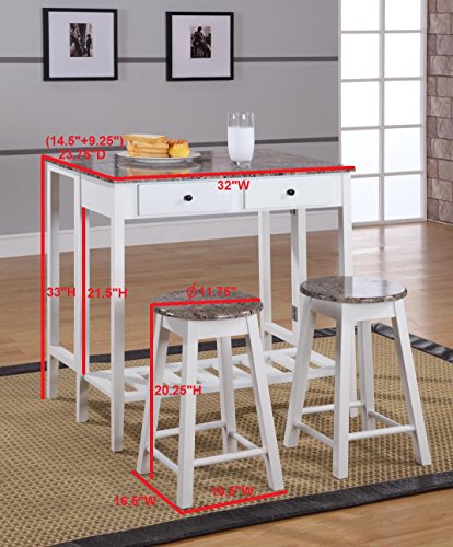 King's Brand 3 Pc. White Finish Wood Drop Down Table & 2 Stools