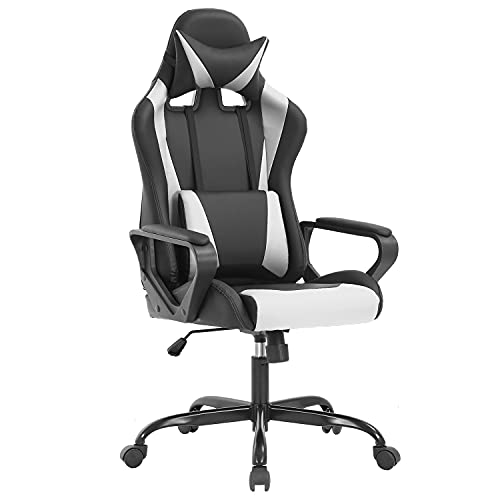 Ergonomic Office Chair PC Gaming Chair Cheap Desk Chair PU Leather Racing Chair Executive Computer Chair Swivel Rolling Lumbar Support for Women Men, White