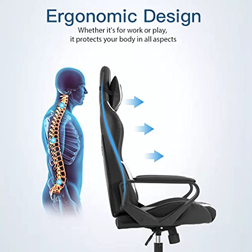 Ergonomic Office Chair PC Gaming Chair Cheap Desk Chair PU Leather Racing Chair Executive Computer Chair Swivel Rolling Lumbar Support for Women Men, White