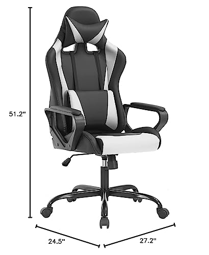 Ergonomic Office Chair PC Gaming Chair Cheap Desk Chair PU Leather Racing Chair Executive Computer Chair Swivel Rolling Lumbar Support for Women Men, White