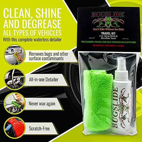 Bugslide 4 Oz Travel Kit with Cleaner with Microfiber Towel - Multisurface Cleaning and Car Detailing Solution That Shines and Degreases Your Car, Convenient Size for Travel