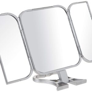 Portable 3 Sided Foldable Beauty Mirror with Built in Stand, Silver