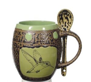 always azul pottery hummingbird mug with spoon in avocado green - handmade ceramic coffee mug - stylish and unique handcrafted artistic drinkware - polished clay cups, great for coffee, tea, & more