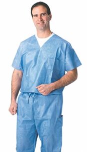 medline disposable scrub shirt, v-neck, large size, unisex, blue (pack of 30)