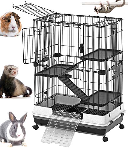 Large 4-Floor Indoor Small Animal Pet Habitat Cage Playpen Guinea Pig Ferret Chinchilla Rabbit Bunny Cat Kitten with Solid Platforms, Ramps, Leakproof Litter Tray, 3 Large Access Doors, Casters