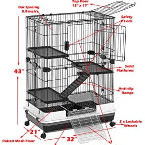 Large 4-Floor Indoor Small Animal Pet Habitat Cage Playpen Guinea Pig Ferret Chinchilla Rabbit Bunny Cat Kitten with Solid Platforms, Ramps, Leakproof Litter Tray, 3 Large Access Doors, Casters