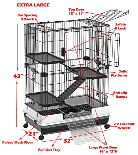 Large 4-Floor Indoor Small Animal Pet Habitat Cage Playpen Guinea Pig Ferret Chinchilla Rabbit Bunny Cat Kitten with Solid Platforms, Ramps, Leakproof Litter Tray, 3 Large Access Doors, Casters