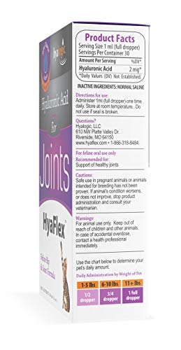 Cat Joint Supplement, Hyalogic Hyaluronic Acid Cat Supplements– 30-60 Day Supply, 1oz HA, Cartilage Supplement, Hip & Joint Supplement - Cat Health Supplies, W/ No Fuss Liquid Dropper