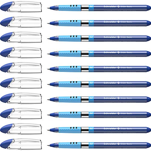 Schneider Slider Basic M (Medium) Ballpoint Pen, 1.0 mm, Transparent Barrel, Blue Ink, Box of 10 Pens (151103)