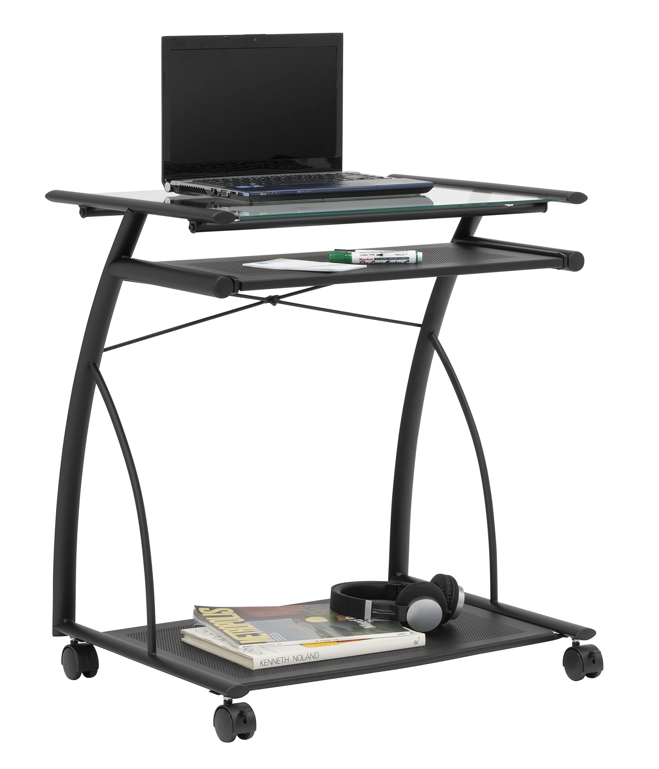 Calico Designs 50100 L-Shaped Computer Cart with Clear Glass, Black