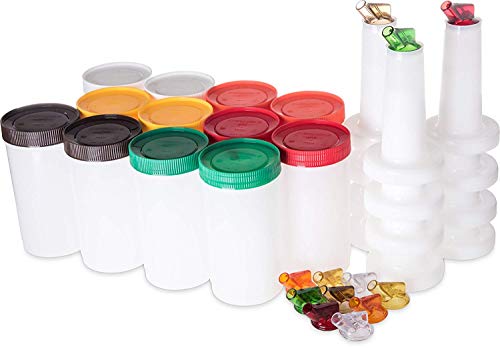 Carlisle FoodService Products Stor N' Pour Plastic Easy Pour Set, Pour Spouts, Pour N Store Bartending Kit With Complete Unit For Bar, 1 Quart, Assorted, (Set of 12)