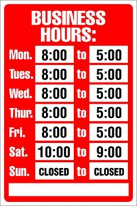 cosco sign kit, business hours, 8 x 12 inches (098071)