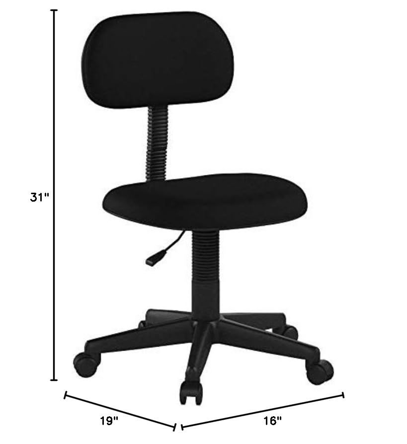 Hodedah Armless, Low-Back, Adjustable Height, Swiveling Task Chair with Padded Back and Seat in Black