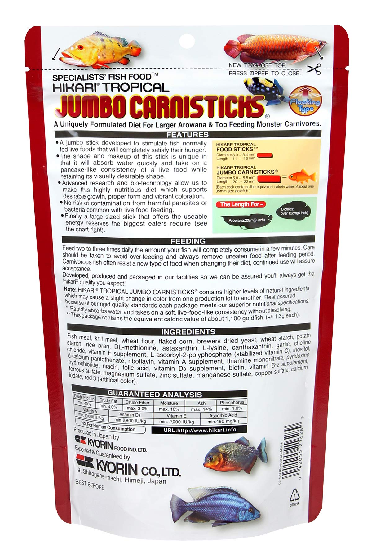 Hikari Tropical Jumbo Carnisticks Fish Food, 6.37 oz (182g)